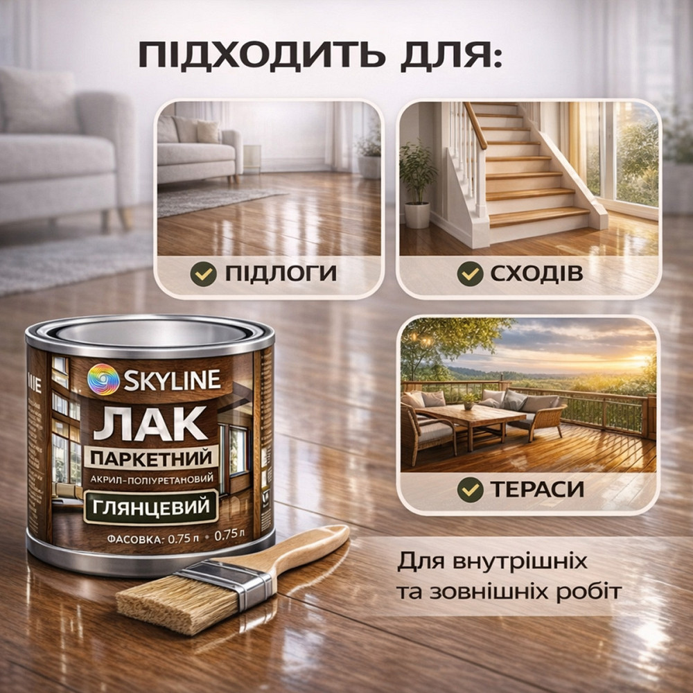Лак для підлоги глянцевий Skyline паркетний, акрил-поліуретановий, водний, зносостійкий, без запаху, 750 мл Харків - фото 3
