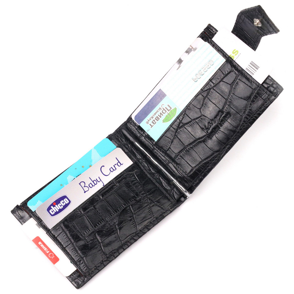 Чудовий чоловічий затиск із натуральної лакованої фактурної шкіри під крокодила KARYA 21043 Чорний Київ - фото 7