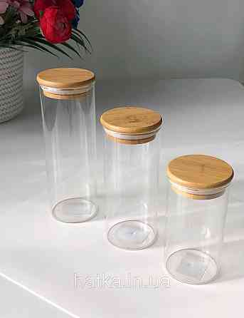 Банка місткість для зберігання скляна з бамбуковою кришкою d 6,5 см h15 см Київ