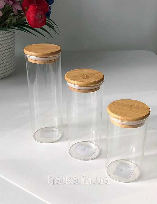 Банка місткість для зберігання скляна з бамбуковою кришкою d 6,5 см h15 см Київ - фото 2