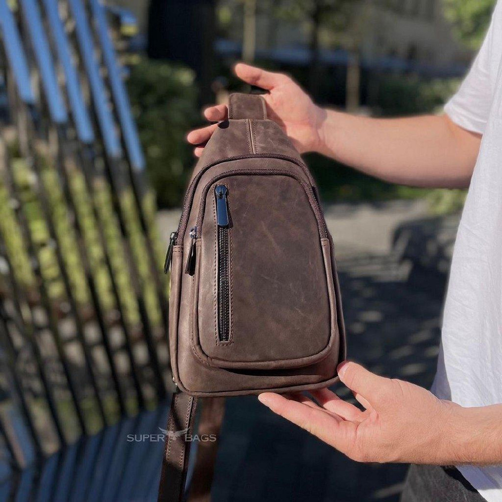 Мужской слинг из кожи 17х30х6, крейзи хорс для телефона 6349 коричневый Каменское - изображение 1