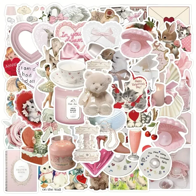 Набір вінілових стікерів рожеві естетичні 60 штук – наклейки для декору, щоденника, подарунків, блокнотів Київ - фото 1