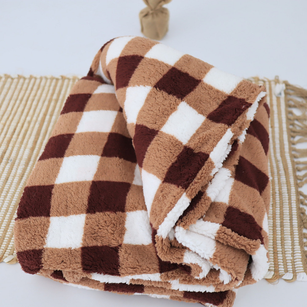 Теплый плед тедди в коричневую клетку 180*200 Каменец-Подольский - изображение 1