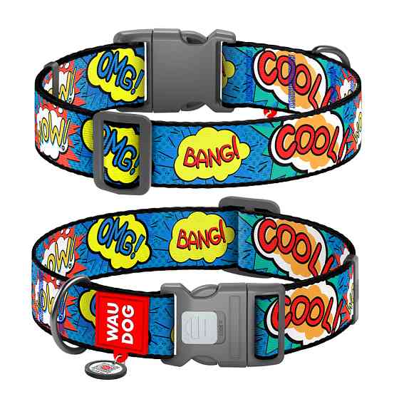 Нашийник для собак нейлоновий WAUDOG Nylon з QR паспортом, малюнок "ВАУ", пластиковий фастекс, Коломыя