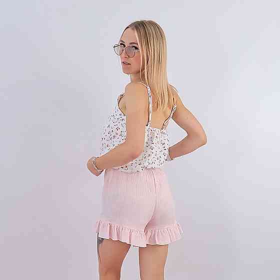 Бавовняна рожева жіноча піжама три в одному сорочка +шорти з рюшами+халат Кам'янець-Подільський