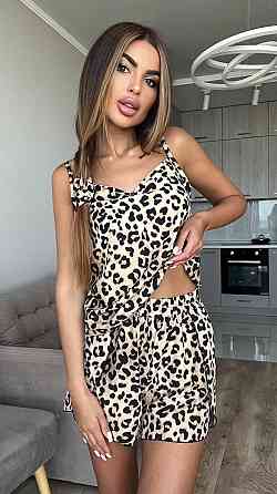 Женский легкий домашний леопардовый костюм: майка, шорты с резинкой софт 48/52 Одесса