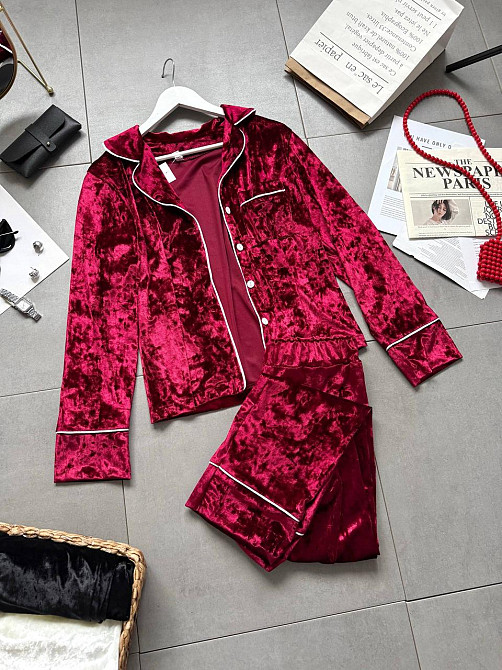 Жіноча домашня повсякденна велюрова піжама Бордовий, 42/44 Одеса - фото 2