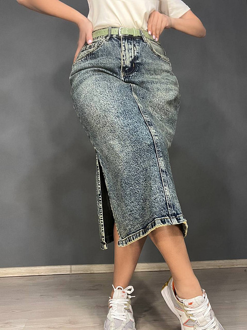 Юбка женская джинсовая ZJY 68005 длина ниже колена боковые разрезы зеленый ремешок синяя, синий, З4 Киев - изображение 3