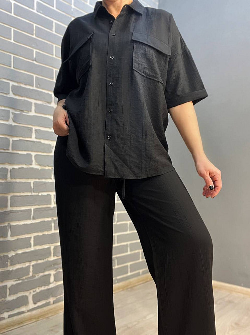 Костюм женский Mix Ray 4218 ткань жатка рубашка на пуговицах карманы и широкие брюки на резинке черный, черный, L Киев - изображение 18