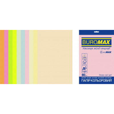 Бумага Buromax А4, 80g, PASTEL+NEON, 10colors, 50sh, EUROMAX (BM.2721750E-99) Винница - изображение 1
