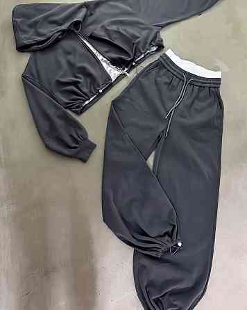 Женский прогулочный оверсайз костюм тройка: кофта топ и брюки двунить + микродайвинг Графит Одесса
