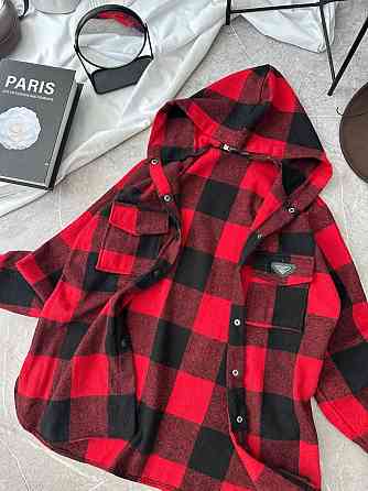 Женская повседневная оверсайз рубашка в клетку с капюшоном турецкий кашемир Красный, 48/52 Одесса