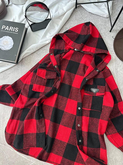 Женская повседневная оверсайз рубашка в клетку с капюшоном турецкий кашемир Красный, 48/52 Одесса - изображение 5