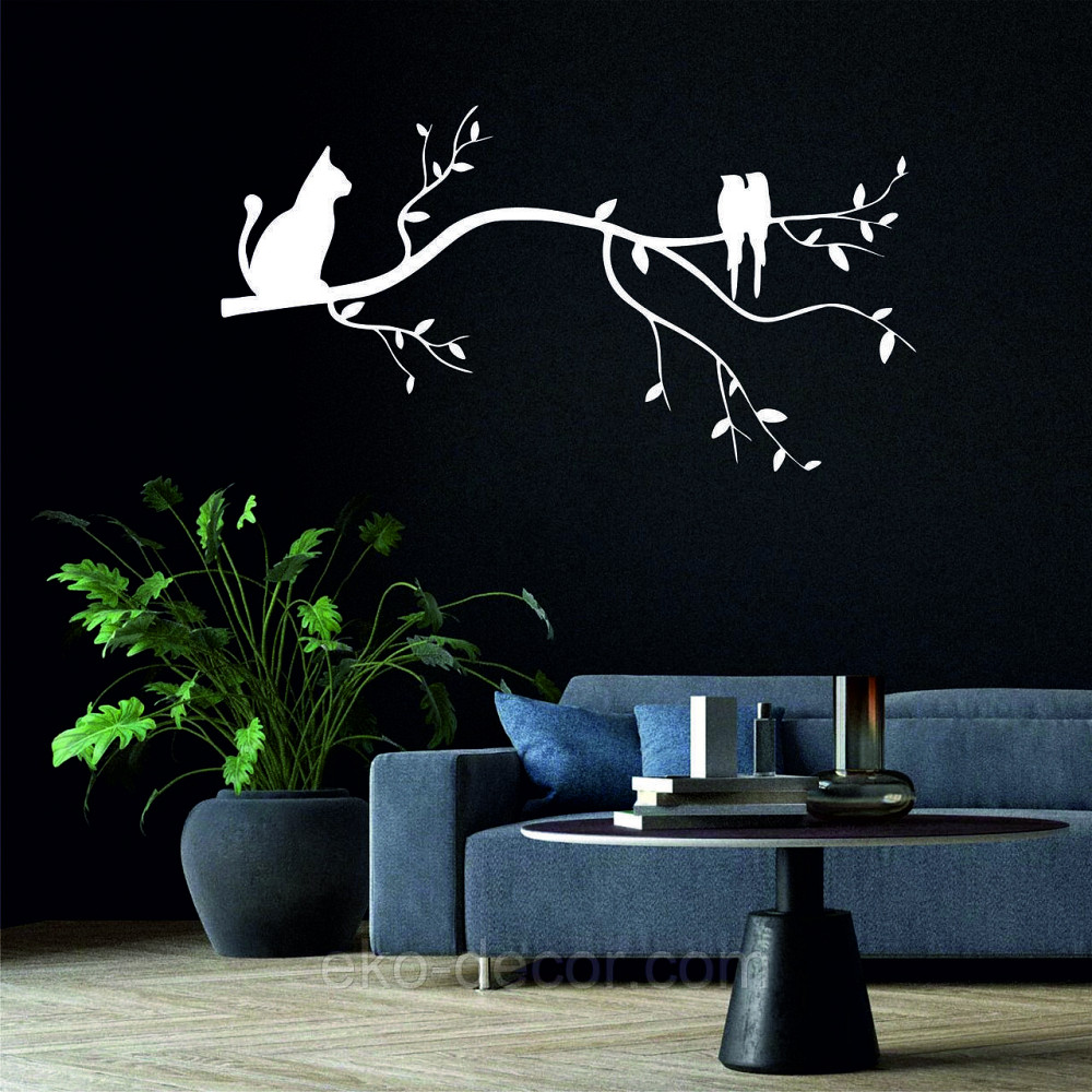 Декоративное настенное Панно «Птички и кот на ветке», Декор на стену 90*47 см, Белый Киев - изображение 1