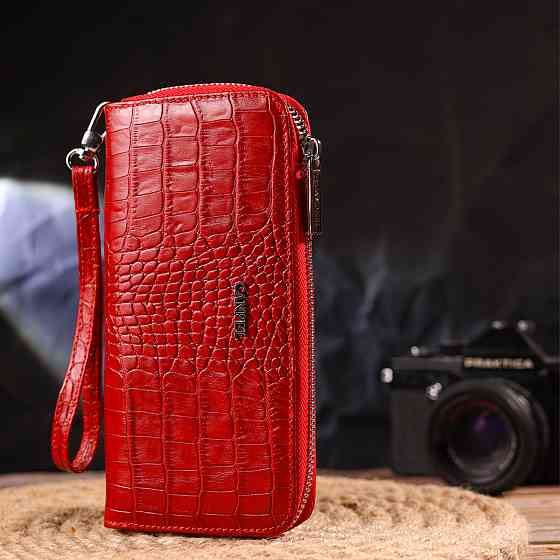 Горизонтальный яркий кошелек для женщин из натуральной фактурной кожи под крокодила CANPELLINI 21621 Красный Киев