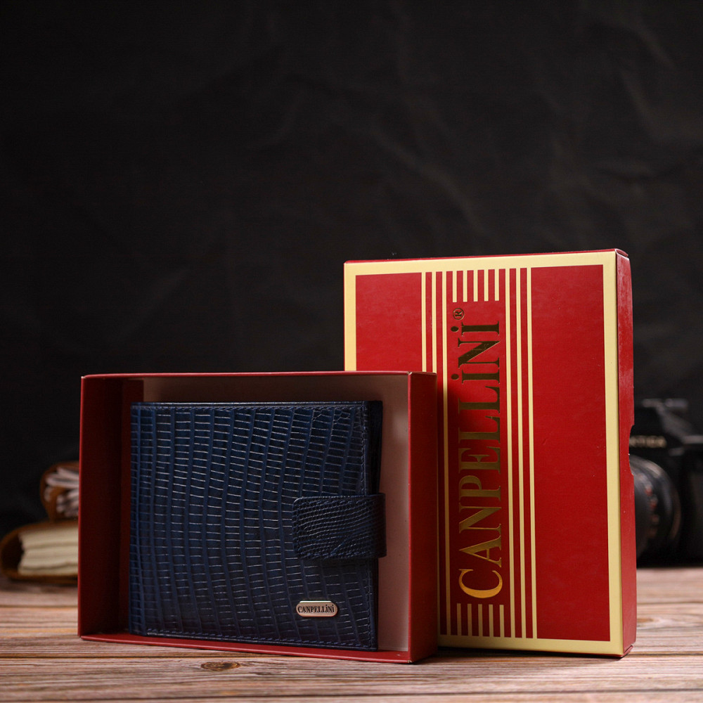 Чоловічий гаманець з натуральної шкіри горизонтального формату з тисненням CANPELLINI 21767 Синій Київ - фото 1