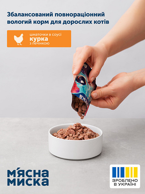 Влажный корм для взрослых кошек Мясная миска кусочки в соусе с курицей и печенью, 100 г Винница - изображение 4
