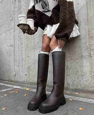 BIZONI Модні чоботи широкі зимові жіночі з натуральної шкіри на низькому ходу коричневі теплі р Коломыя