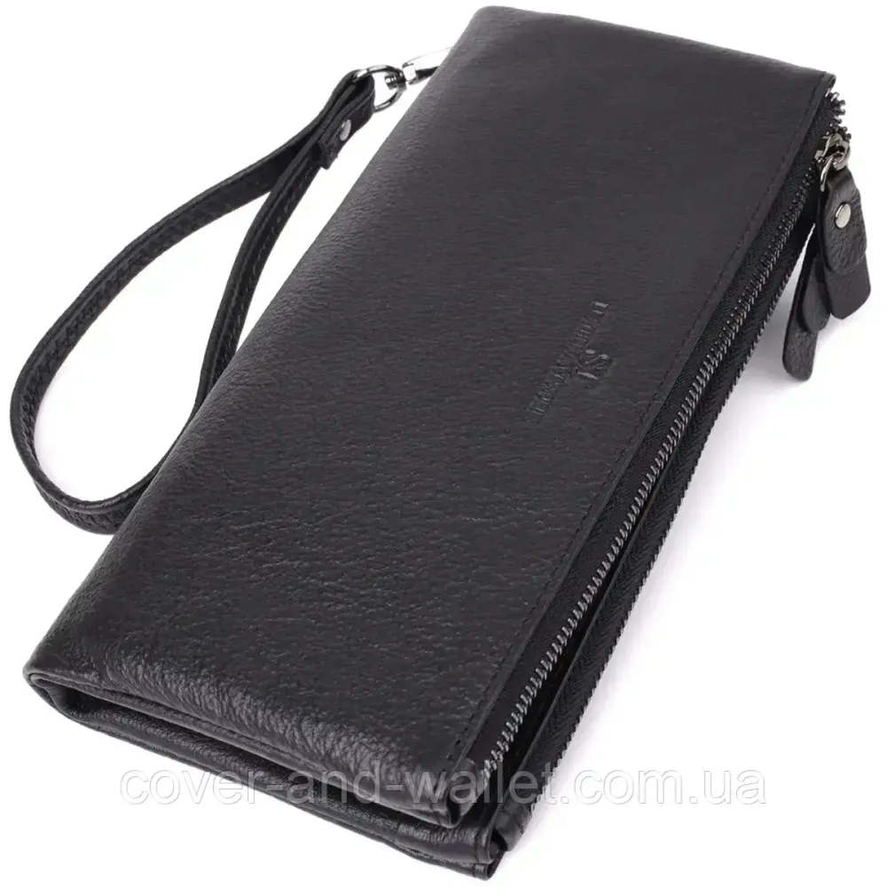 Чорний шкіряний гаманець-клатч на три відділення з ремінцем на зап'ясті ST Leather Київ - фото 1