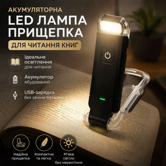 Акумуляторна LED лампа прищепка для читання USB, портативний ліхтарик для книги, 3 режими, чорна Київ