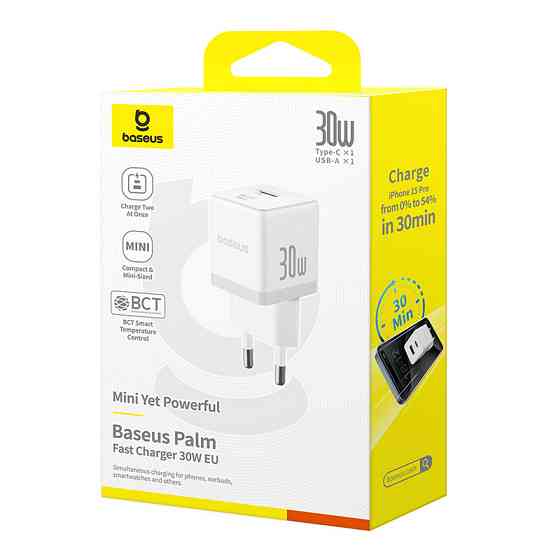 Мережевий зарядний пристрій Baseus Palm Fast Charger C+U 30W EU Moon White Одеса