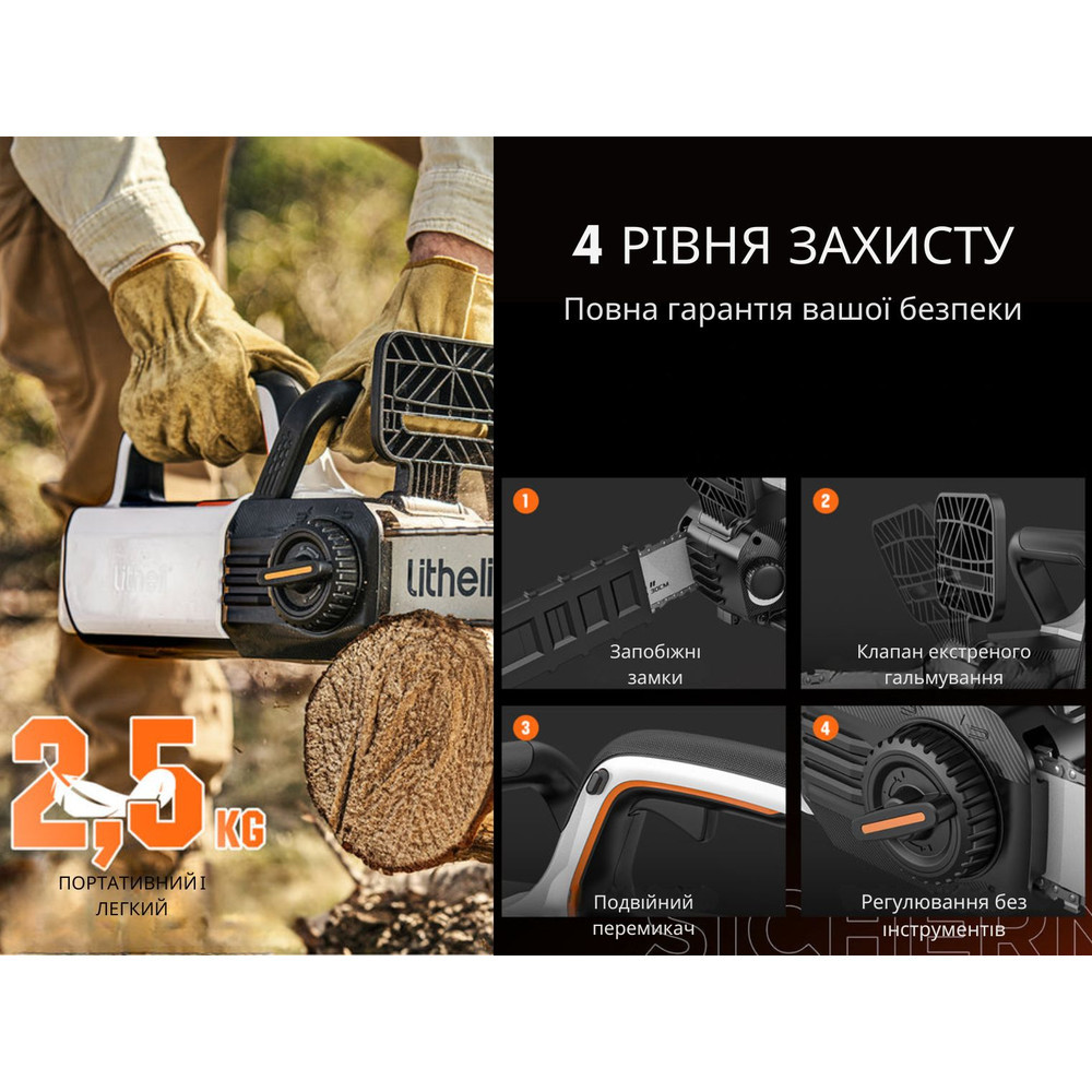 Акумуляторна ланцюгова пила Litheli, живлення від павербанку (2 шт УМБ Litheli Power Bank 10000 mAh, 45 W, 2А в комплекті) Київ - фото 9