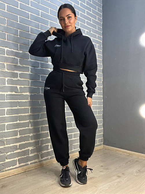 Костюм жіночий Quzen 493-497 укорочене худі з капюшоном MOOD брюки резинка фліс утеплений чорний, чорний, L Київ - фото 11