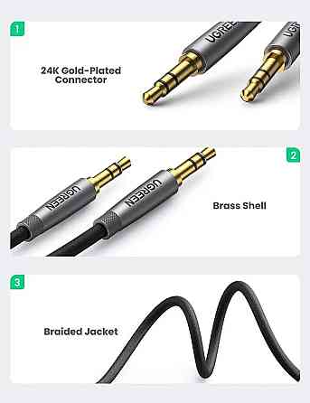 Аудіо кабель UGREEN AV150 3.5mm Cable Male to Male Alu Case Braid 1m (Silver gray)(UGR-50355) Николаев