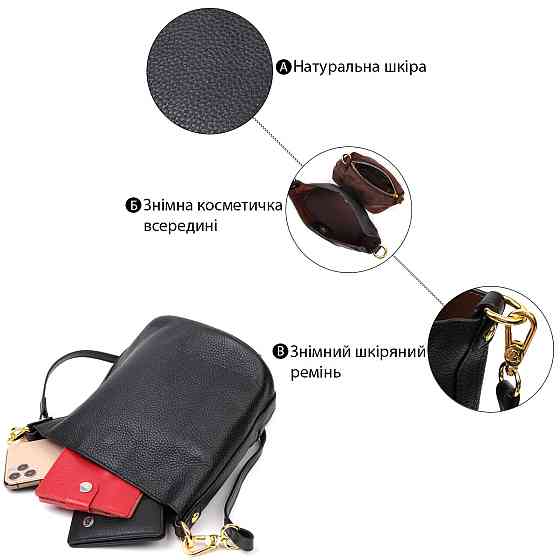 Шкіряна жіноча сумка з автономною косметичкою всередині Vintage 22363 Чорна Київ