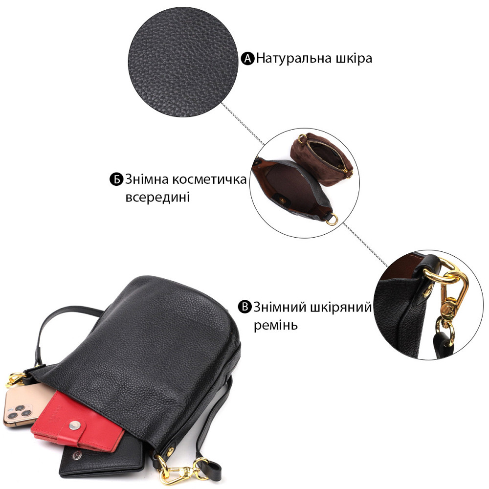 Шкіряна жіноча сумка з автономною косметичкою всередині Vintage 22363 Чорна Київ - фото 5