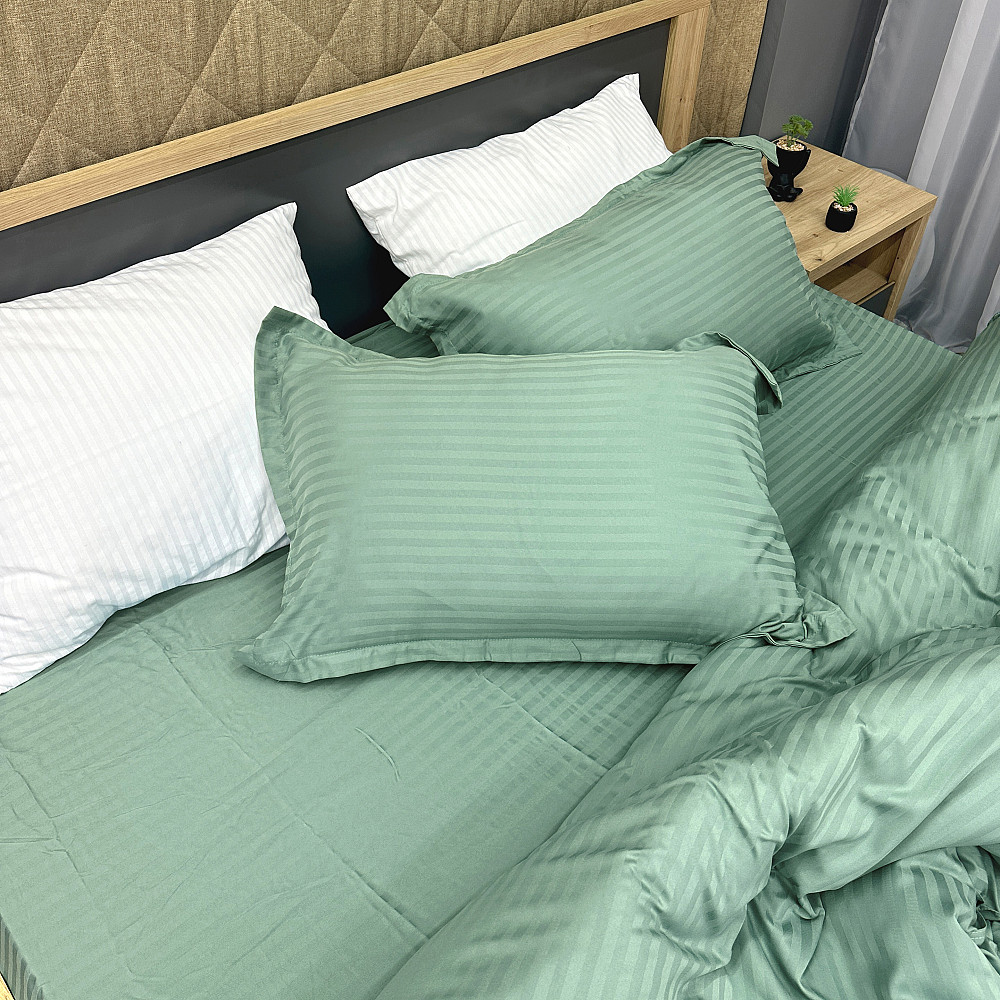 Комплект постільної білизни Страйп-сатин Двоспальний 180х220 з простирадлом на резинці М'ятний (88-173) Київ - фото 1