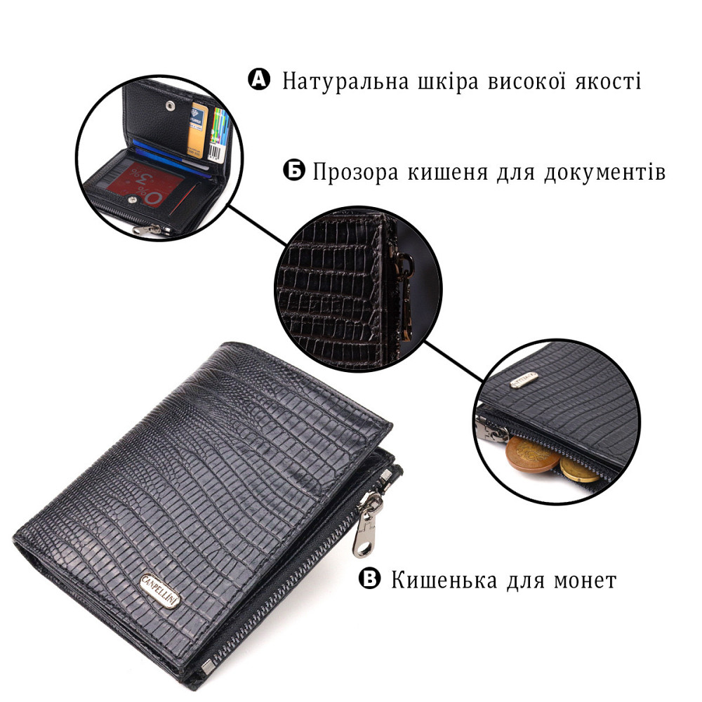 Фактурный вертикальный кошелек из натуральной кожи CANPELLINI 21672 Черный Киев - изображение 4