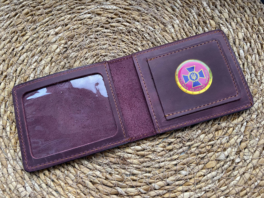 Шкіряна обкладинка на посвідчення СБУ із шевроном бордового кольору Київ - фото 1