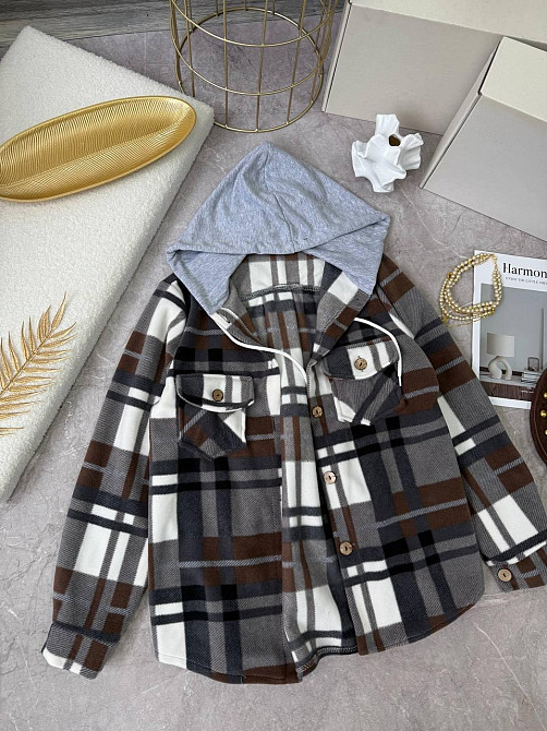 Женская теплая оверсайз рубашка с капюшоном турецкий двусторонний флис Полар Коричневый, 48/52 Одесса - изображение 1