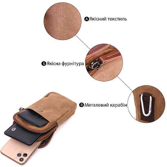 Добротная сумка-чехол на пояс с металлическим карабином из текстиля Vintage 22225 Коричневый Киев