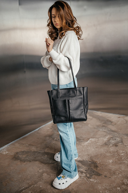 Сумка тоут шкіряна велика жіноча Юта Чорна 28*30*12 см, сумка шопер чорна стильна з кишенямиMasterSem Київ - фото 2