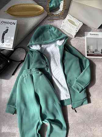 Жіночий теплий повсякденний костюм: худі + штани, тринитка на флісі + хутро Оливка, 50/52 Одеса