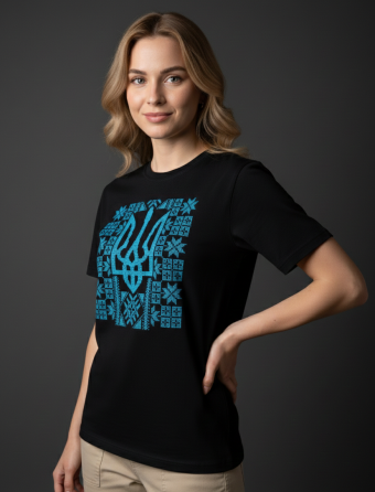 Жіноча Патріотична жіноча футболка чорного кольору з синім Тризубом Київ