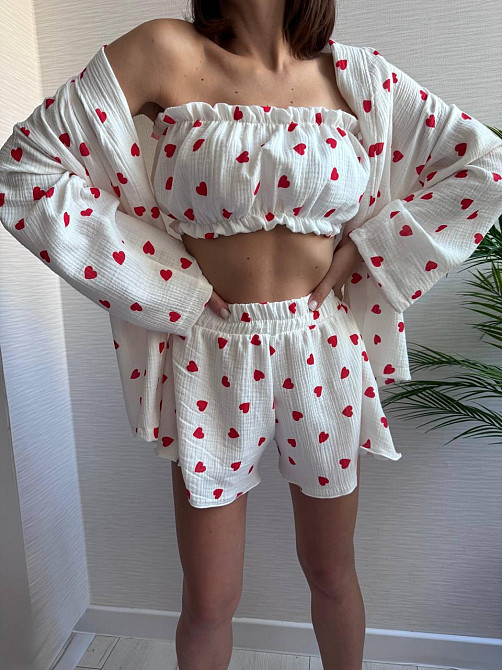 Жіночий ніжний домашній костюм-трійка: халат топ і шорти із сердечками муслін 100% бавовна Білий 2 Одеса - фото 2
