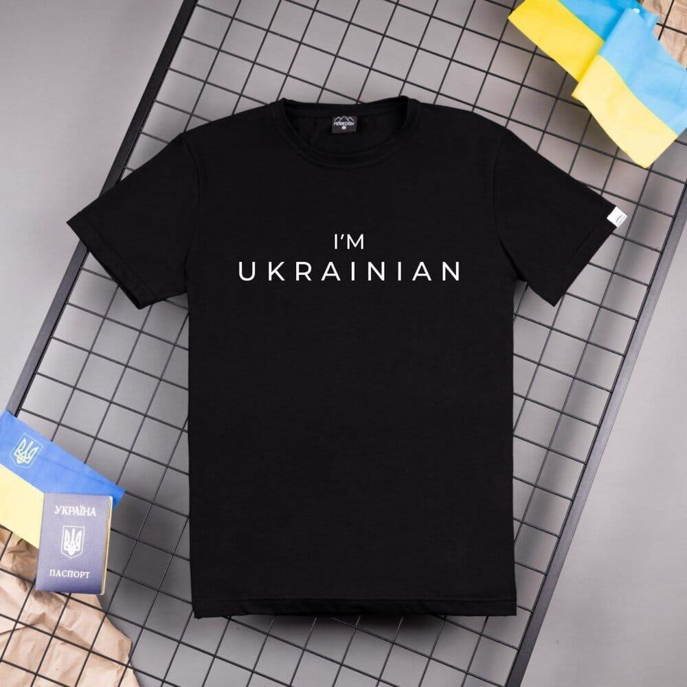 Футболка чоловіча однотонна чорна Pobedov Peremoga - I'M UKRAINIAN наклейка біла Київ - фото 1