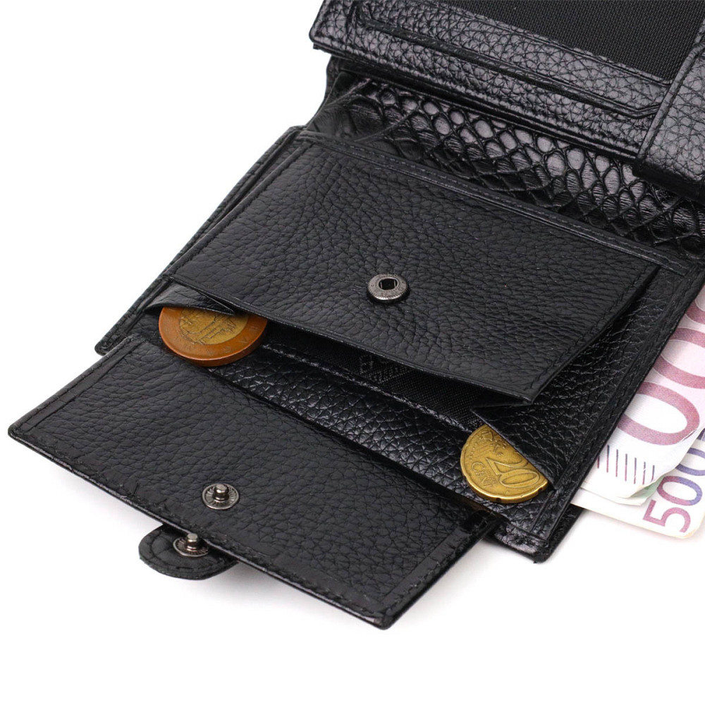 Фактурное портмоне для мужчин из натуральной кожи с тиснением под крокодила Черный (BOND) Киев - изображение 3