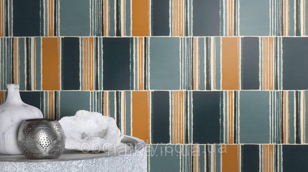 Шпалери метрові вінілові на флізеліні Rasch Clas геометрія фігури смуги сірі жовті Київ - фото 2