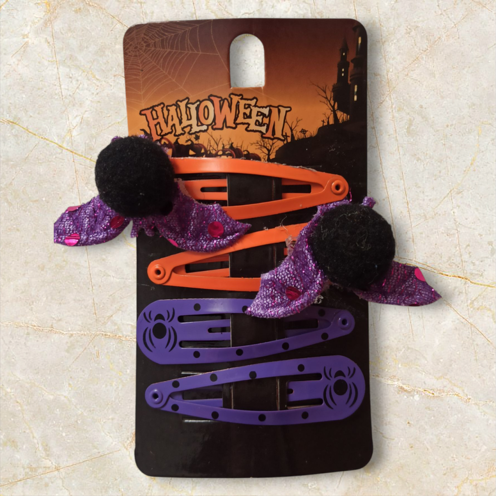 Набор 2 заколки оранжевые с летучей мышей и 2 заколки с принтом паук для волос на Хэллоуин фиолетовый Киев - изображение 4