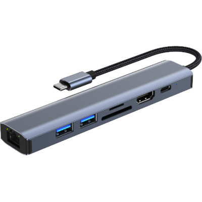 Концентратор Dynamode 7-in-1 USB-C to HDTV 4K/30Hz, 2хUSB3.0, RJ45, USB-C PD 100W, SD/MicroSD (BYL-2303) Вінниця - фото 1
