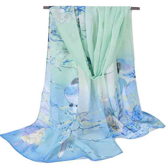 Шифоновый шарф с принтом птиц 145 на 48 см салатово-голубой Киев