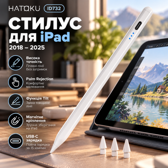 Стилус HATOKU ID732 для iPad 2018–2025, Palm Rejection, Tilt, магнітний, USB-C, зарядка 15 хв, білий Київ