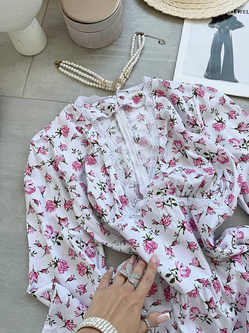 Женское романтичное мини платье в цветочный принт с кружевом софт / штапель 44/46, Розовый Одесса - изображение 5