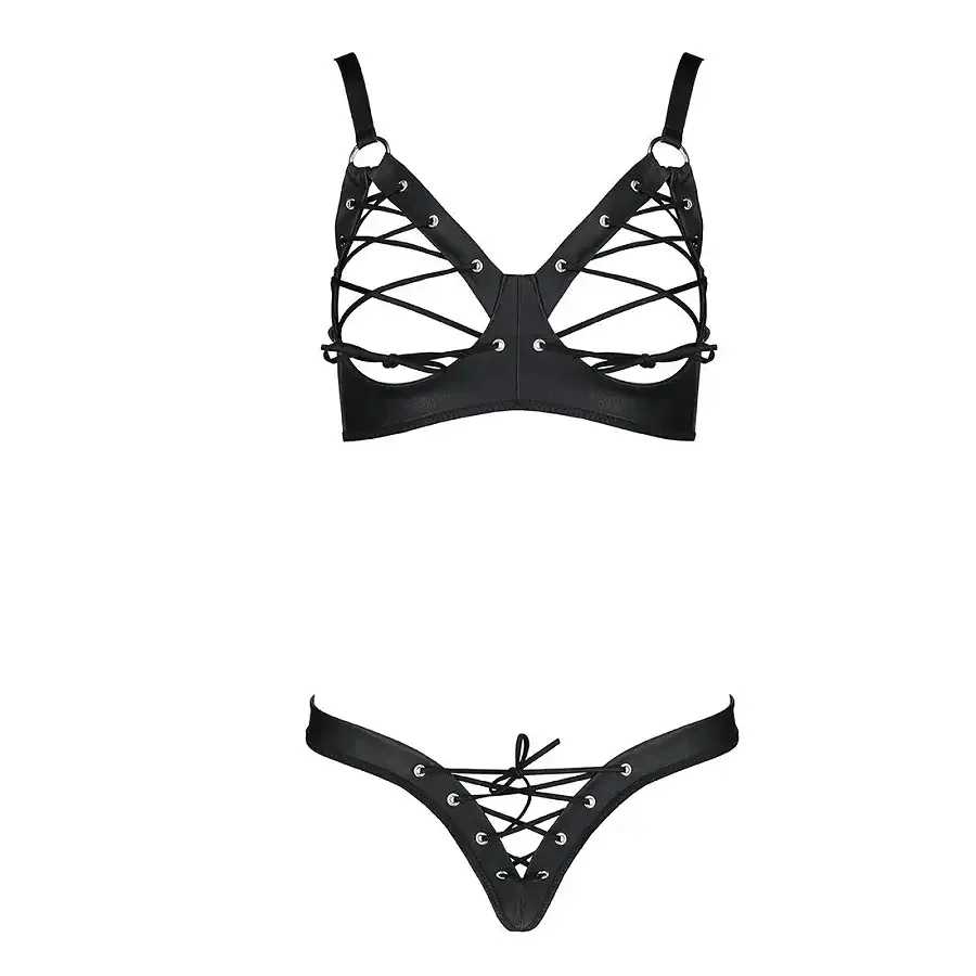 Комплект з екошкіри Passion CELINE BIKINI L/XL black, відкритий бра зі стрічками, стрінги Львів - фото 3