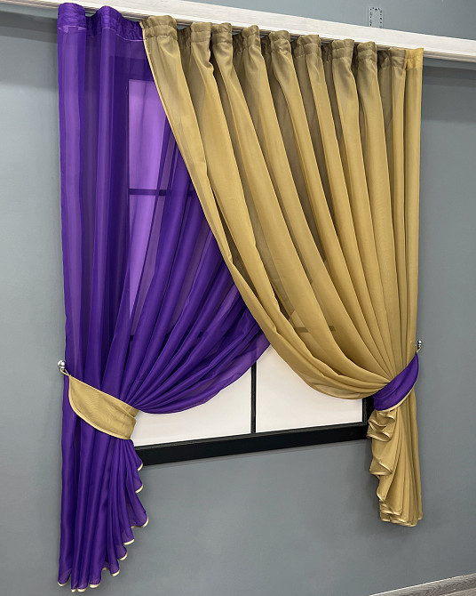 Кухонні шторки VR-Textil № 060к "Дует" з підв'язками фіолетовий з темно-бежевим 330х170 см (50-234) Київ - фото 7