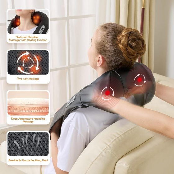 Масажер для шиї та плечей Shiatsu з підігрівом, 3D-масажні головки, 49°C, регулювання інтенсивності, ремені Київ